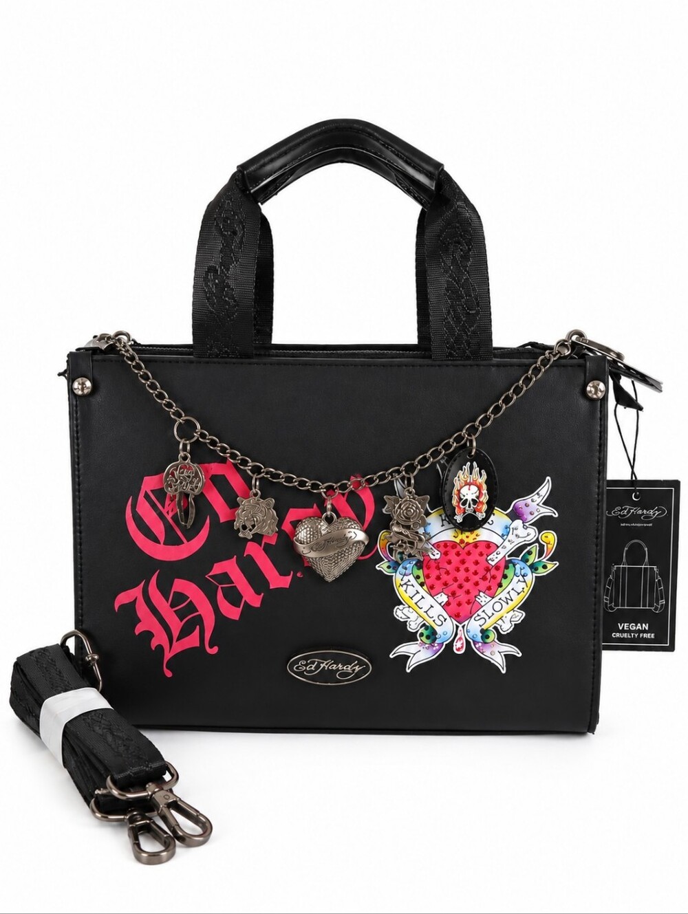 Ed Hardy Black Vegan Handbag Love Kills Slowly Rhinestone Charm Satchel Crossbod